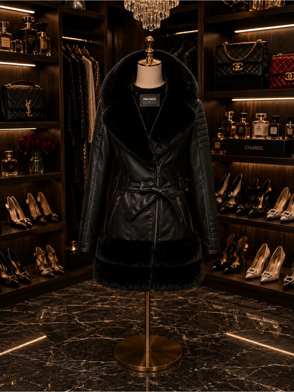 Black Faux Fur Trim Leather Belted Jacket by